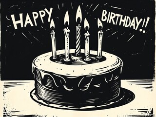 Wall Mural - Text Happy birthday and cake with five candles in woodcut black and white solid background