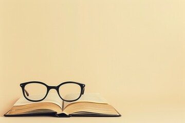 Aufkleber - A close-up of an open book with glasses resting on the top. The book and glasses are on a light beige background. Generative AI
