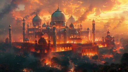 Wall Mural - Majestic Palace with Iridescent Domes and Glowing Spires in a Luminous Landscape