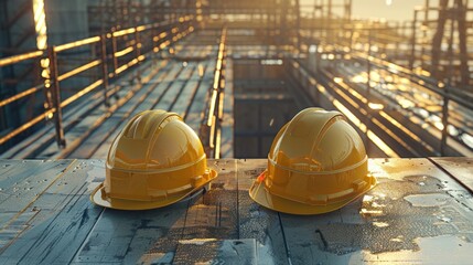 Two Yellow Hard Hats On A Construction Site