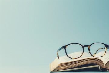 Fototapete - Eyeglasses lay on a book with a light blue background. Generative AI