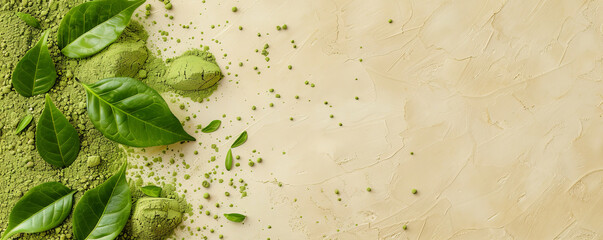 Wall Mural - Mockup of matcha tea powder with leaves on a light sand background, offering a warm and neutral design with space for text or graphics.