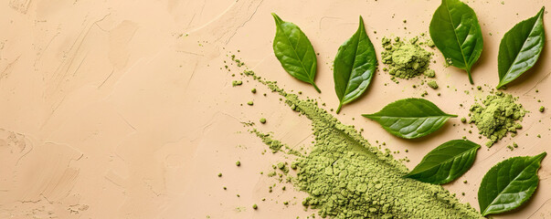 Wall Mural - Mockup of matcha tea powder with leaves on a light sand background, offering a warm and neutral design with space for text or graphics.