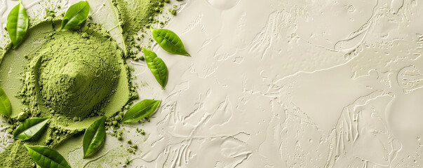 Wall Mural - Mockup of matcha tea powder with leaves on a light sand background, offering a warm and neutral design with space for text or graphics.