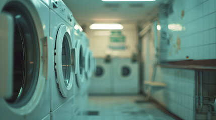 Wall Mural - white washing machines fill the scene with cinematic perspective