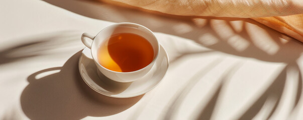 Wall Mural - Mockup. Hot tea on a light sand background, providing a warm and neutral look with space for text or graphics.