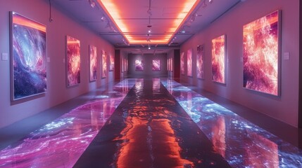 Wall Mural - Surreal Gallery with Floating Artworks and Bioluminescent Lighting in a Mystical Setting