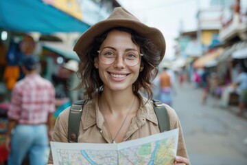 A cheerful woman in a hat and glasses holds a map while exploring a lively and busy outdoor market. She smiles warmly, showcasing her excitement for new adventures.