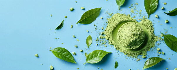 Mockup of matcha tea powder with leaves on a soft sky blue background, providing a calm and airy backdrop for your creative projects.