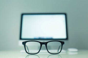 Wall Mural - Black eyeglasses sit on a white desk in front of a blurred computer monitor. Generative AI