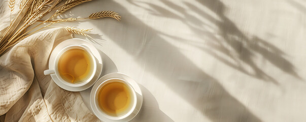 Wall Mural - Mockup. Hot white tea on a light sand background, providing a warm and neutral look with space for text or graphics.