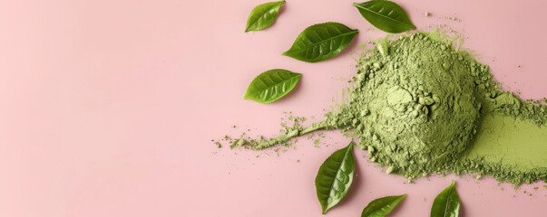 Wall Mural - Mockup of matcha tea powder with leaves on a pale pink background, creating a soft and delicate atmosphere for your design.