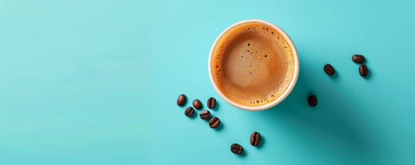 Wall Mural - Mockup. Hot coffee on a light cyan background, providing a bright and refreshing look with space for text or graphics.