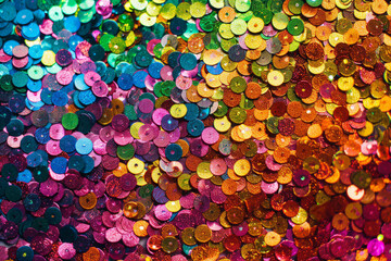 Wall Mural - vibrant colorful background with sparkling sequins in various colors. festive texture
