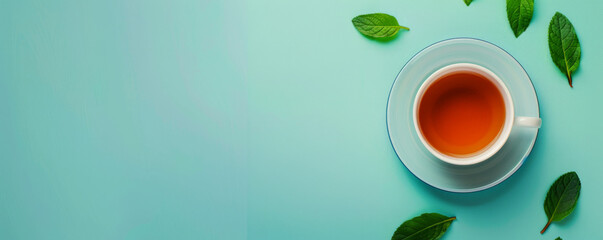 Wall Mural - Mockup. Hot tea on a light cyan background, providing a bright and refreshing look with space for text or graphics.