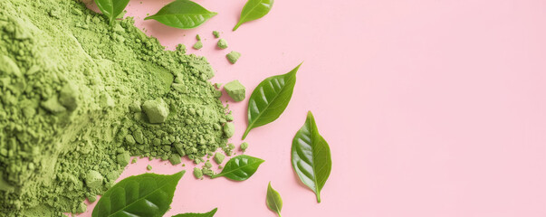 Wall Mural - Mockup of matcha tea powder with leaves on a pale pink background, creating a soft and delicate atmosphere for your design.