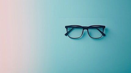 Leinwandbilder - A pair of black eyeglasses lie on a blue and pink gradient background. Generative AI