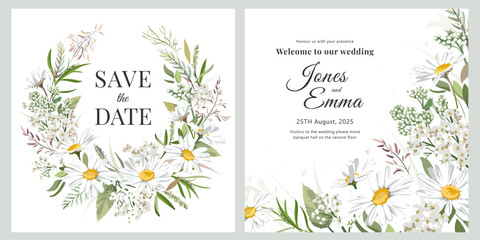 Wall Mural - Wedding invitation cards. Frame with text, flowers and grass isolated on the white background. Colorful hand drawn bouquet with wildflowers.
