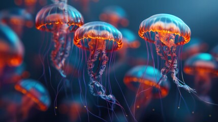 Sticker - Group of bioluminescent jellyfish underwater with glowing orange and blue hues and long tentacles against a dark background.