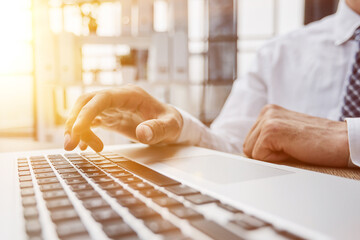 Wall Mural - Close-up of a business person's hands on a laptop.