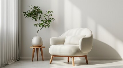 Wall Mural - Minimalist Living Room with White Armchair and Potted Plant