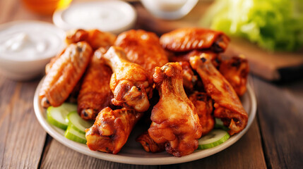 Wall Mural - Plate of crispy, spicy chicken wings with sliced cucumber and dipping sauces on the side.