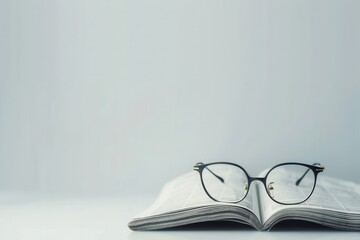 Fototapete - A book lies open on a white surface, with a pair of glasses resting on top. Generative AI