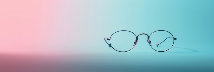 Leinwandbilder - Black round glasses are placed on a table with a pink and blue gradient background. Generative AI