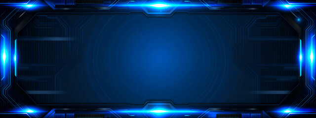 Wall Mural - Blue technology background with neon light and empty space for text, blue frame border design concept of futuristic digital screen or game interface.