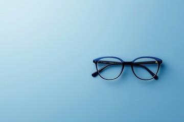 Canvas Print - A pair of blue-framed eyeglasses lay on a light blue background. Generative AI