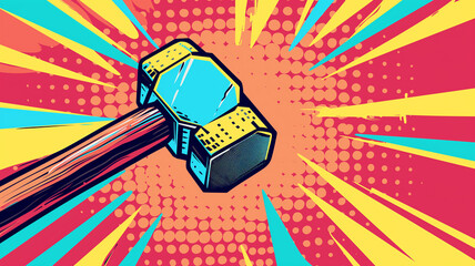 pop art concept hammer. colorful background in pop art retro comic style.