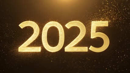 Wall Mural - happy new year 2025 golden numbers on dark background. a swirling vortex of golden light shine parti