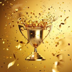 Golden trophy surrounded by falling confetti, highlighting a celebration or achievement concept on a gold background