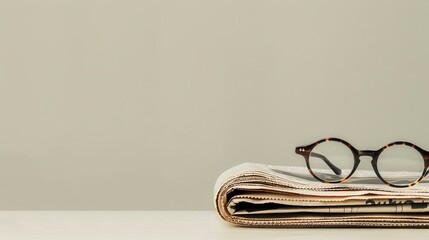 Aufkleber - A stack of folded newspapers sits on a light-colored surface, with round eyeglasses resting on top. Generative AI
