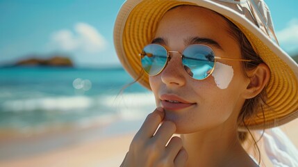 Wall Mural - A woman applying sunscreen before heading outdoors, highlighting skin protection