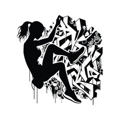 Wall Mural - Climbing,  Bouldering  female player in graffiti tags, street art pattern illustration, emblem shield badge