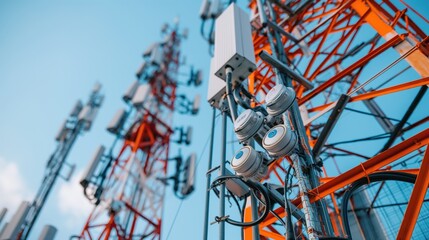 Poster - Close-up view of modern telecommunication towers with various antennas and equipment under a clear sky.