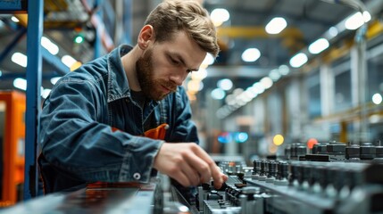 Wall Mural - Assembly line worker performing quality checks on products, showcasing attention to detail in manufacturing