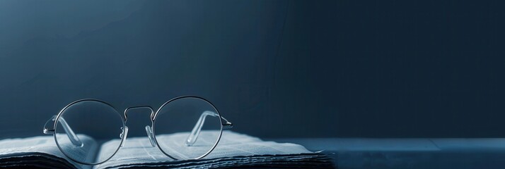 Poster - Round glasses rest on a slightly open book in soft, dim light. Generative AI