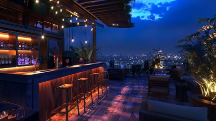 Wall Mural - modern villa with a beautiful view, a large terrace with a bar with led lighting. Generated by AI