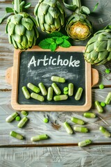 Wall Mural - Artichoke capsules and supplements. Selective focus.