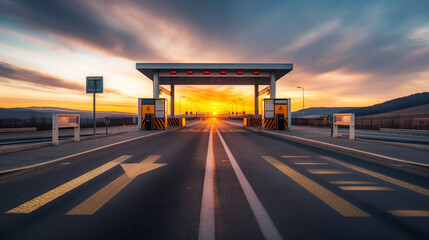 highway toll gate at sunset with marked lanes and colorful sky. the toll booth has signs and barrier