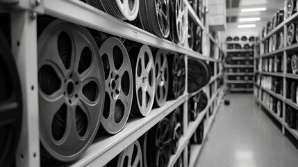 Well-organized storage room with shelves of stacked film reels in a well-lit environment.