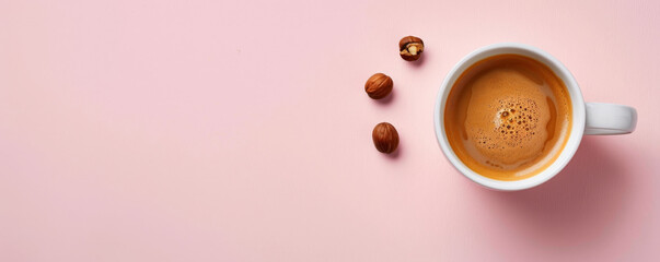 Wall Mural - Mockup. Hot hazelnut coffee on a pale pink background, providing a sweet and delicate look with space for text or graphics.
