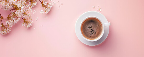 Wall Mural - Mockup. Hot coffee on a pale pink background, providing a sweet and delicate look with space for text or graphics.