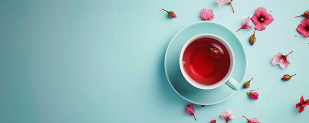 Wall Mural - Mockup. Hot hibiscus tea on a light cyan background, providing a bright and refreshing look with space for text or graphics.
