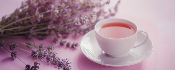 Wall Mural - Mockup. Hot lavender tea on a soft lilac background, providing a delicate and soothing look with space for text or graphics.