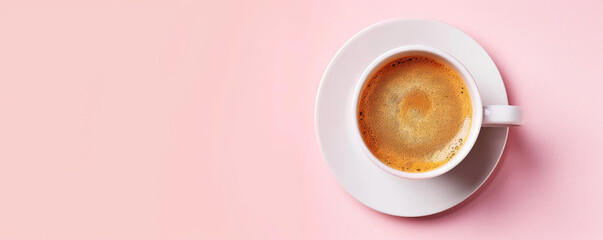 Wall Mural - Mockup. Hot coffee on a pale pink background, providing a sweet and delicate look with space for text or graphics.