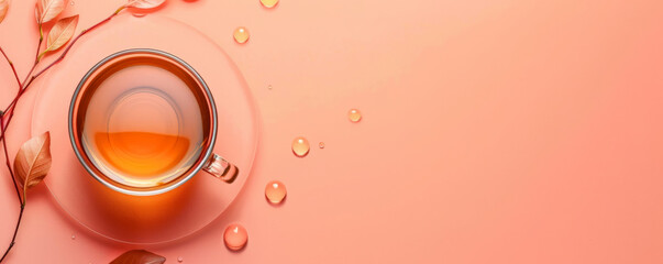 Wall Mural - Mockup. Hot tea on a light coral background, providing a lively and vibrant look with space for text or graphics.