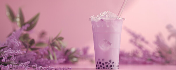 Wall Mural - Mockup. Bubble tea on a light lavender background, creating a soothing and elegant atmosphere for your design.